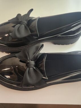 Black Patent Bow Loafers for Women